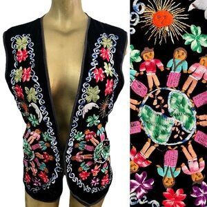 Vintage MEXICAN Folk ART Embroidered VEST With Ties at Back Size XL